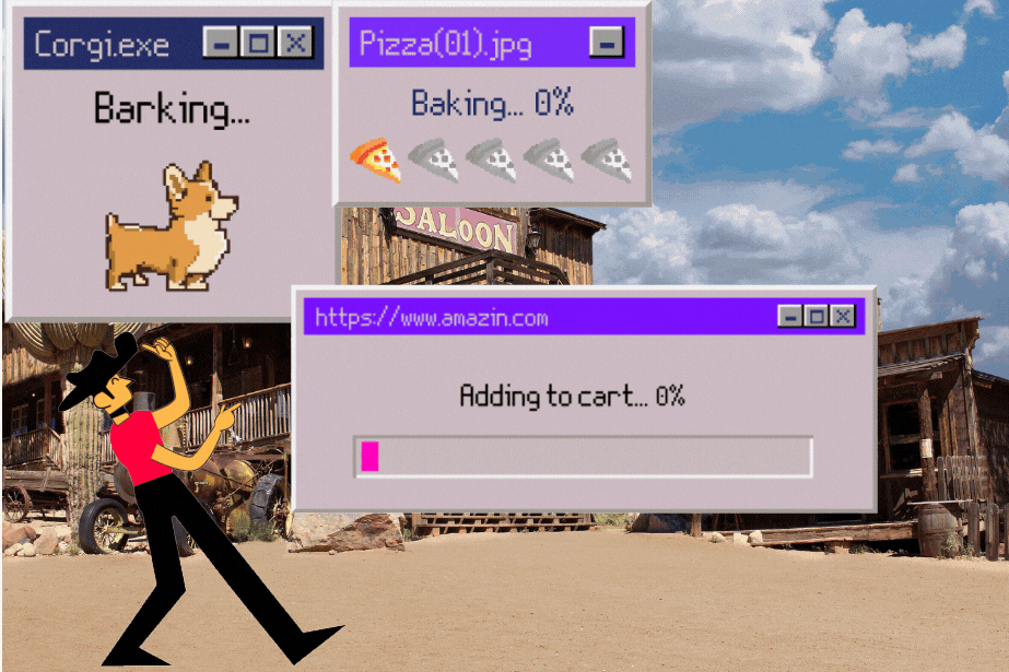 image of a bunch of animated popup ads overtop of a wild west saloon in the desert