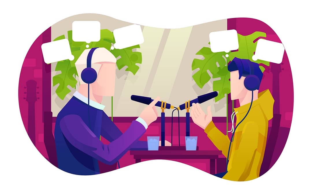 Illustration of two people recording a podcast