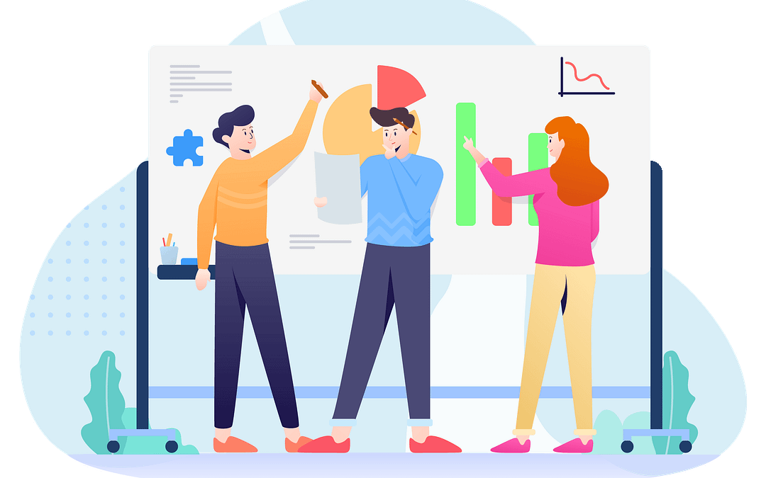 illustration of 3 people doing digital marketing strategy in front of graphs and charts