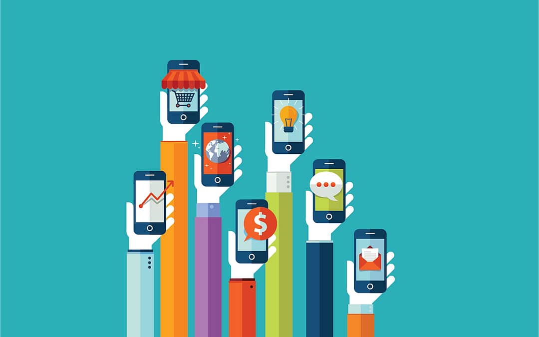 Illustration of hands holding up mobile phones for marketing