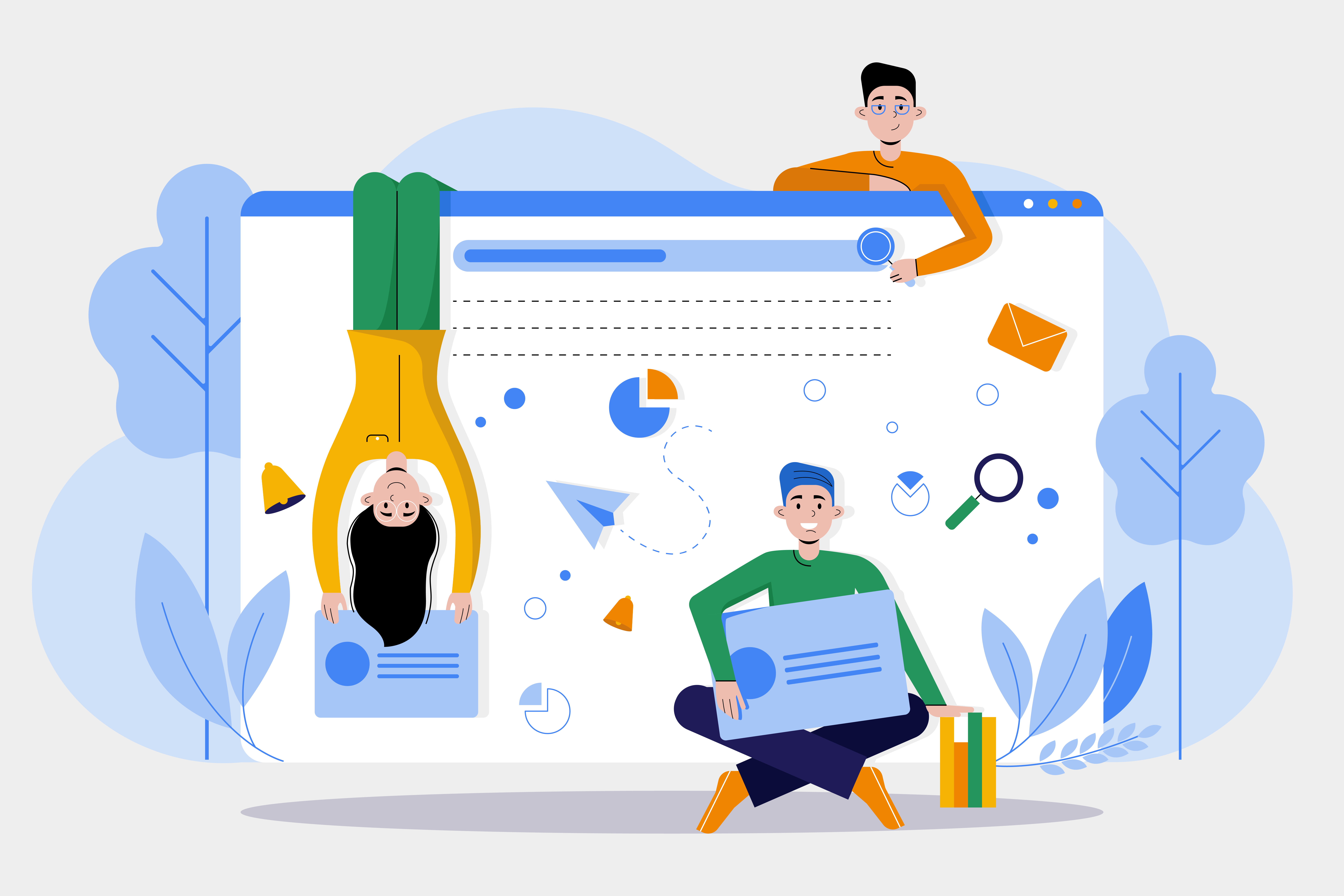 Illustration of 3 people sitting around a web page?