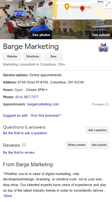 Screenshot of Barge Marketing Google Business Profile